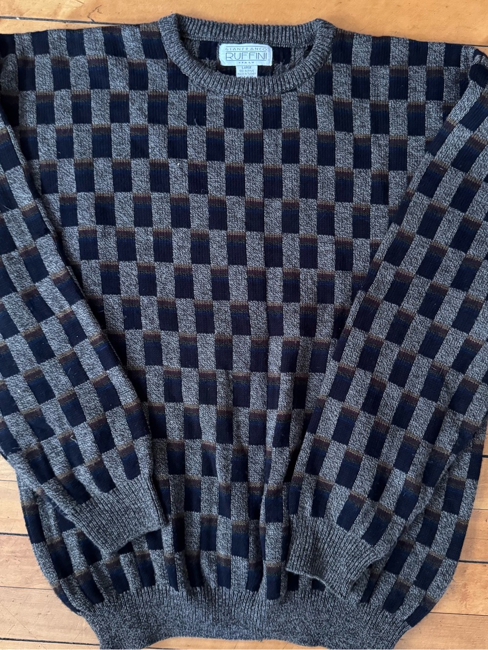 Gianfranco Ruffini Men's Sz L Geometric Crewneck Sweater - Brown vintage 90s
